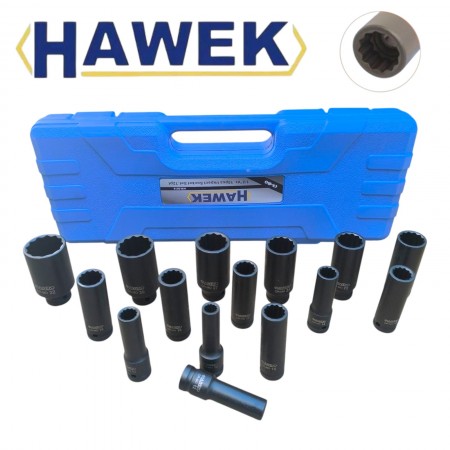 Комплект ударни вложки 1/2″ удължени 12 стенни 15 части HAWEK