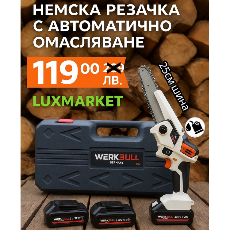 Акумулаторна безчеткова резачка с омасляване с лед дисплей за индикация на масло с две батерии + подарък верига, ръкавици и очила 
