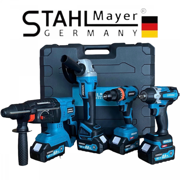 Комплект Немски Акумулаторни Безчеткови Машини 4в1 Stahl Mayer 36V 8Ah Ъглошлайф,Гайковерт,Винтоверт и Перфоратор