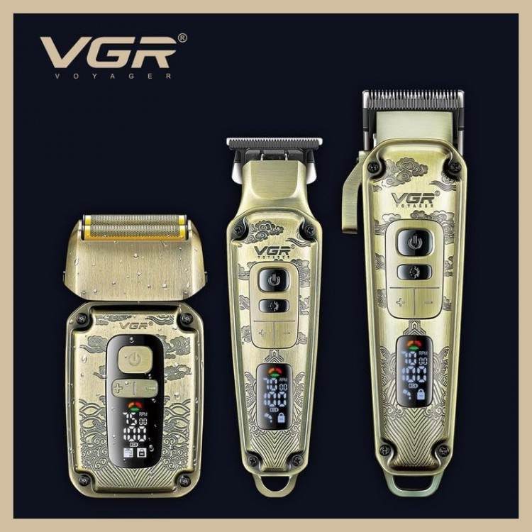3в1 Комплект VGR V-642 акумулаторни машинки за подстригване на брада и коса с LED дисплей, титаниева изработка  и 12 приставки в комплект