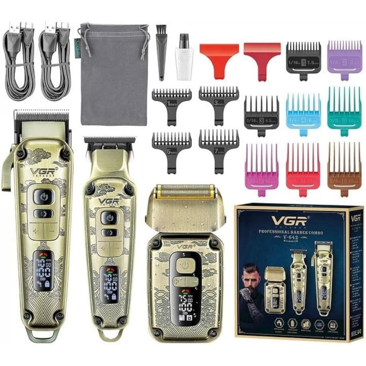 3в1 Комплект VGR V-642 акумулаторни машинки за подстригване на брада и коса с LED дисплей, титаниева изработка  и 12 приставки в комплект