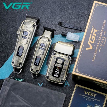 3в1 Комплект VGR V-642 акумулаторни машинки за подстригване на брада и коса с LED дисплей, титаниева изработка  и 12 приставки в комплект